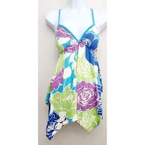 Derek Heart Blue Green Purple Floral Print Braided Spaghetti Strap Top Small